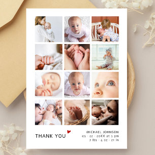 Simple 12 Photo Collage Baby Shower Thank You Card