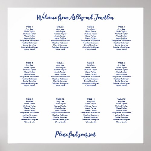 Simple 12 Table Dark Blue Seating Chart