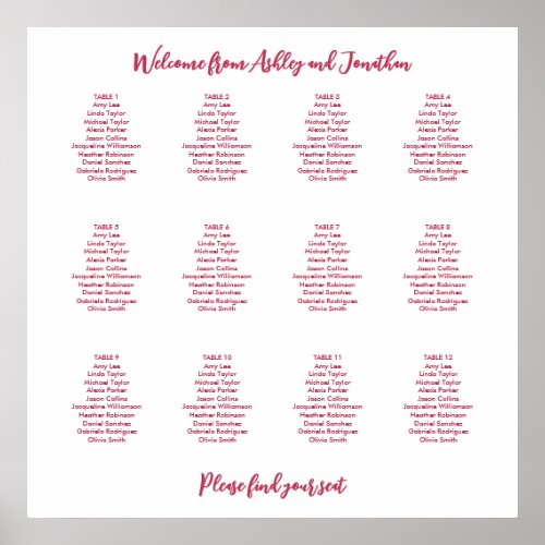 Simple 12 Table Magenta Red Seating Chart