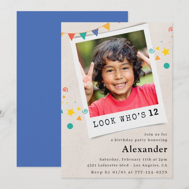 Simple 12th birthday invitations Blue Photo (Front/Back)