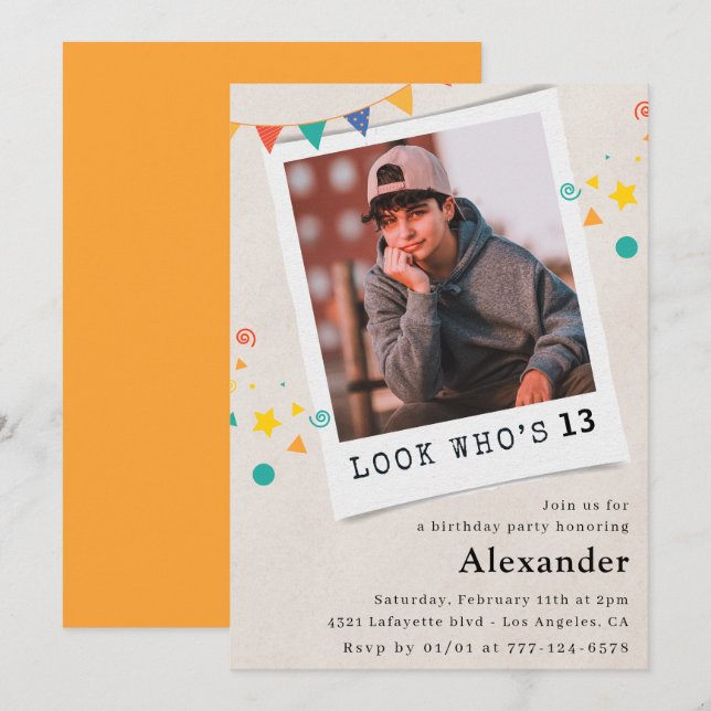 Simple 13th birthday invitations Boy Photo (Front/Back)