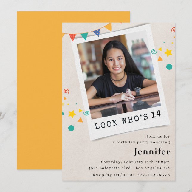 Simple 14th birthday invitations Girl Orange Photo (Front/Back)