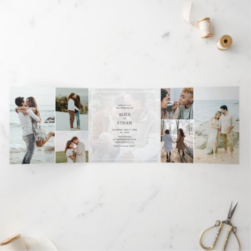 Simple 15 Photo Collage RSVP QR Code Wedding Tri_Fold Invitation