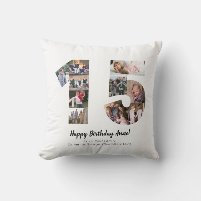 Simple 15th Number Photo Collage Custom Greeting Throw Pillow (Front)