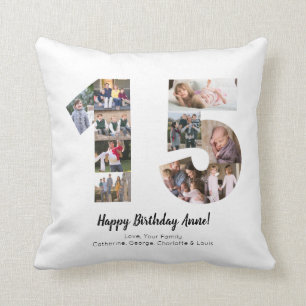 Simple 15th Number Photo Collage Custom Greeting Throw Pillow