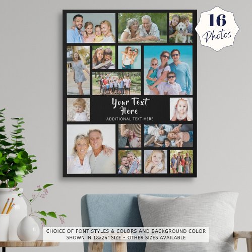 Simple 16 Photo Collage Custom Color Personalized Faux Canvas Print