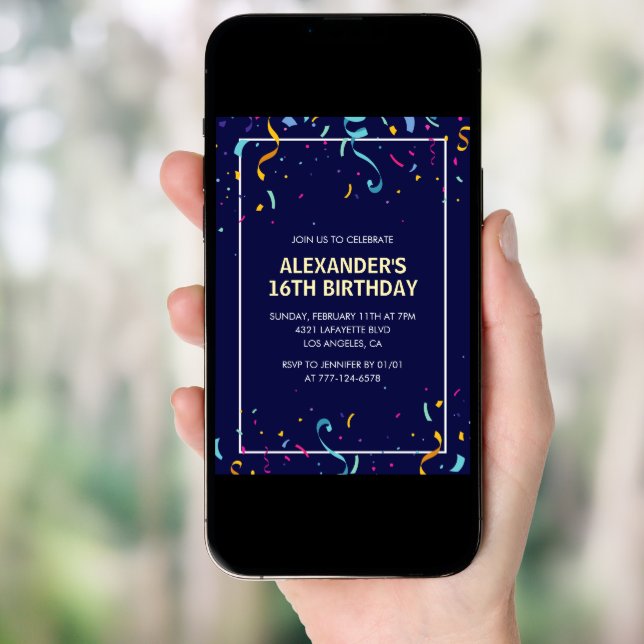 Simple 16th birthday invitations Men Confetti  (Front Digital)