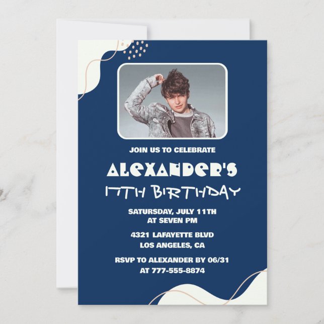 Simple 17th birthday invitations Men Photo Navy (Front)