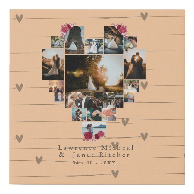 Simple 18 Heart shaped Photo Collage for her / him Faux Canvas Print (Front)