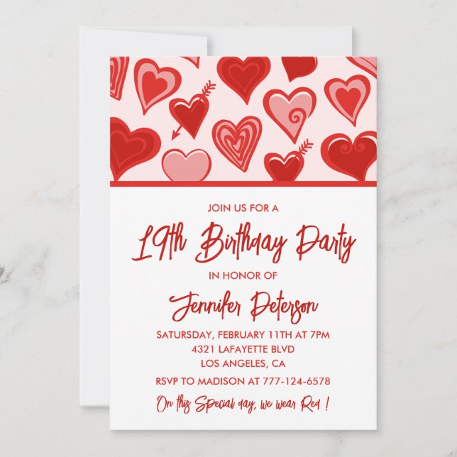 Simple 19th birthday invitations for her Hearts (Front)