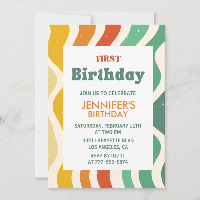 Simple 1st birthday invitations Retro Wavy (Front)