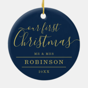 Simple 1st XMAS Wedding Photo Gold Frame Navy Ceramic Ornament