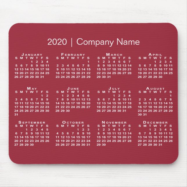 Simple 2020 Calendar with Company Name on Burgundy Mouse Pad (Front)