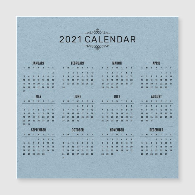 Simple 2021 Calendar on Blue Paper | Magnetic Card (Front)