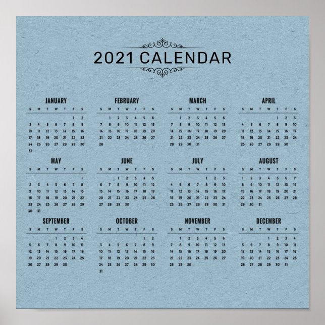 Simple 2021 Calendar on Blue Paper | Poster (Front)