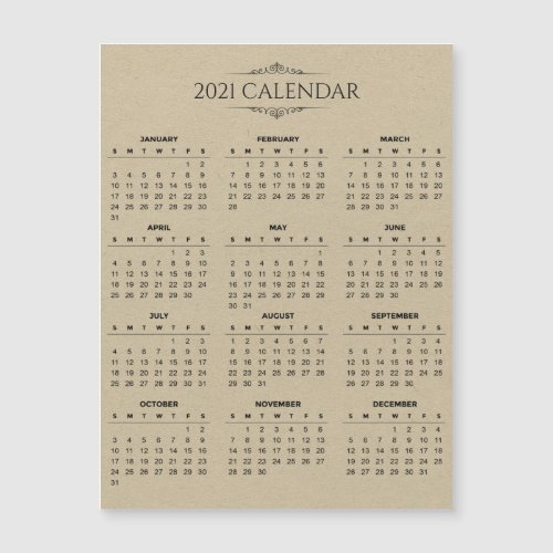 Simple 2021 Calendar on Brown Paper Magnetic Card