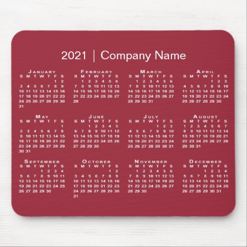 Simple 2021 Calendar with Company Name on Burgundy Mouse Pad