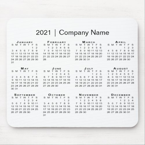 Simple 2021 Calendar with Company Name on White Mouse Pad
