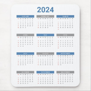 Simple 2024 Year At A Glance Blue & White Calendar Mouse Pad
