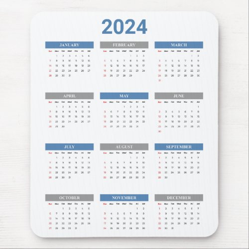 Simple 2024 Year At A Glance Blue  White Calendar Mouse Pad
