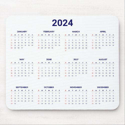 Simple 2024 Year At A Glance Blue  White Calendar Mouse Pad