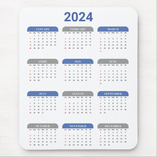 Simple 2024 Year At A Glance Blue  White Calendar Mouse Pad