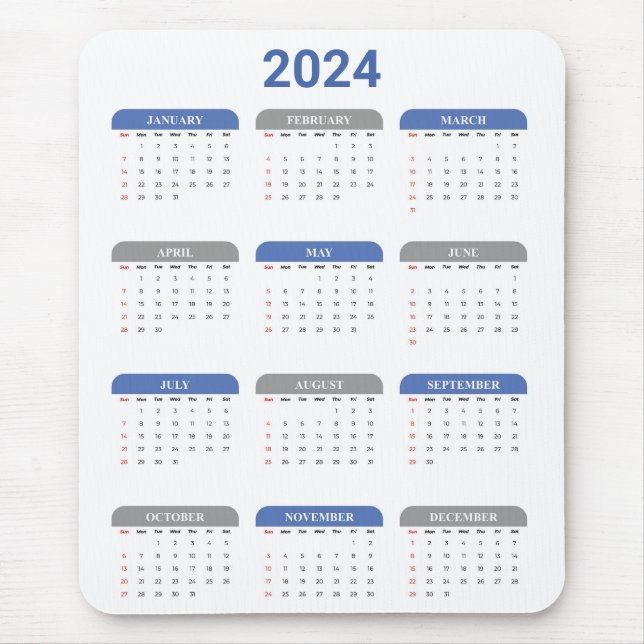 Simple 2024 Year At A Glance Blue & White Calendar Mouse Pad (Front)