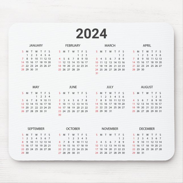 Simple 2024 Year At A Glance Red & Gray Calendar Mouse Pad (Front)