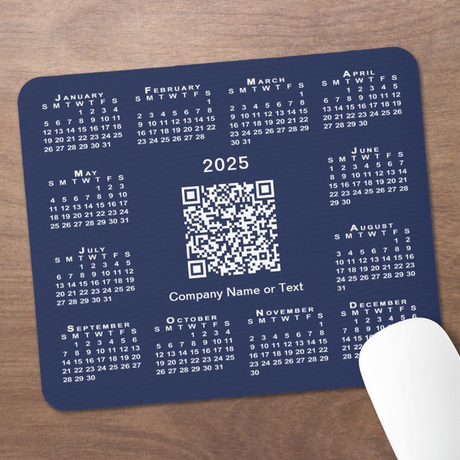 Simple 2025 Calendar Business QR Code on Navy Blue Mouse Pad (Simple 2025 Calendar Business QR Code on Navy Blue Mouse Pad in situ)