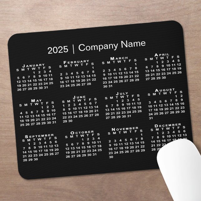 Simple 2025 Calendar Company Name on Black Mouse Pad (Simple 2025 Calendar Company Name on Black Mouse Pad in situ)
