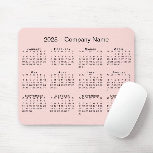 Simple 2025 Calendar Company Name on Coral Pink Mouse Pad (With Mouse)
