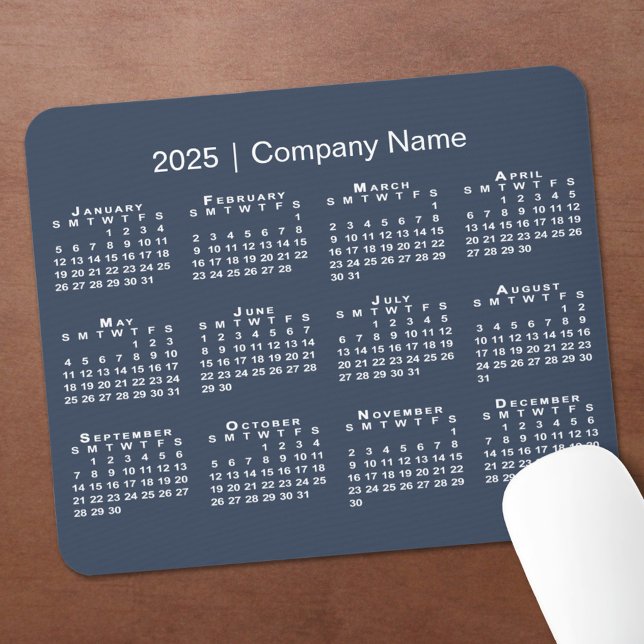 Simple 2025 Calendar Company Name on Navy Blue Mouse Pad (Simple 2025 Calendar Company Name on Navy Blue Mouse Pad in situ)
