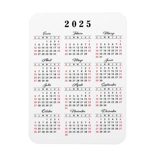 Simple 2025 Calendar in Spanish White Black Red Magnet (Vertical)