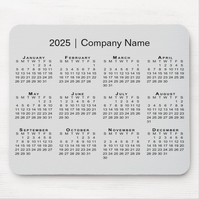 Simple 2025 Calendar with Company Name on Grey Mouse Pad (Front)