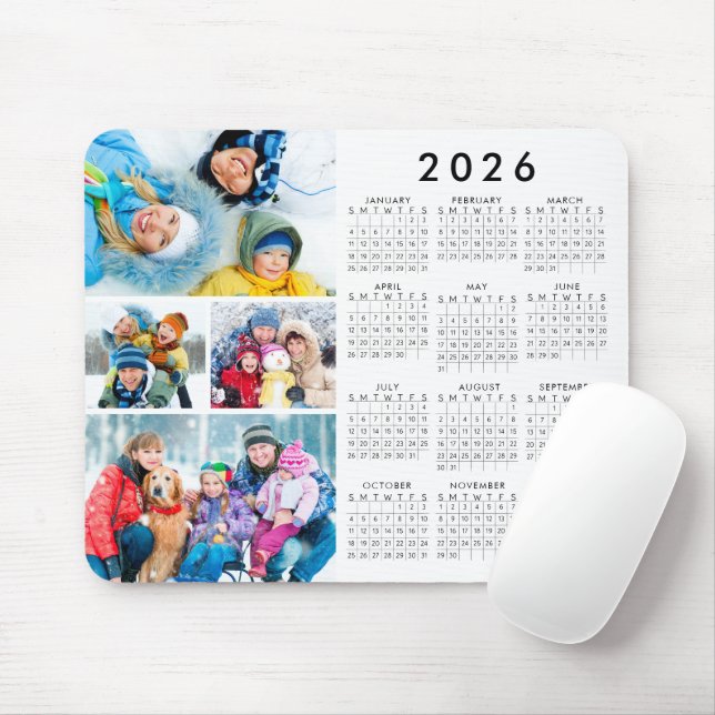 Simple 2026 Calendar 4 Photo Collage Mouse Pad (With Mouse)