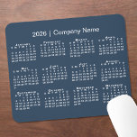 Simple 2026 Calendar Company Name on Navy Blue Mouse Pad<br><div class="desc">Simple, professional calendar mouse pad features a modern white 2026 calendar on a navy blue background. Add your company's name in the sidebar. (Changing the 2026 year text will NOT change the calendar.) If you'd like a different color background, tap "Edit using Design Tool" and select a background color in...</div>