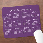 Simple 2026 Calendar Company Name on Purple Mouse Pad<br><div class="desc">Simple, professional calendar mouse pad features a modern white 2026 calendar on a purple background. Add your company's name in the sidebar. (Changing the 2026 year text will NOT change the calendar.) If you'd like a different color background, tap "Edit using Design Tool" and select a background color in the...</div>