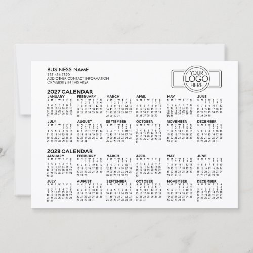 Simple 2027 2028 Calendar - Business Logo and Info Holiday Card