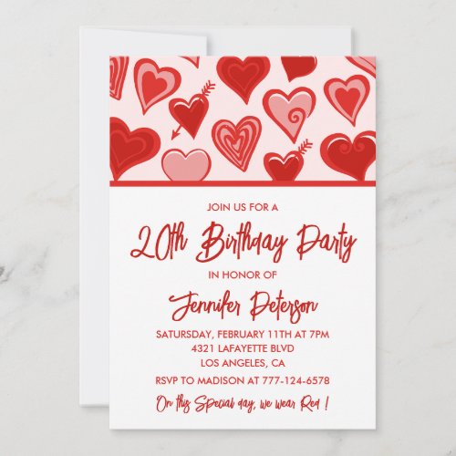 Simple 20th birthday invitations Red Hearts