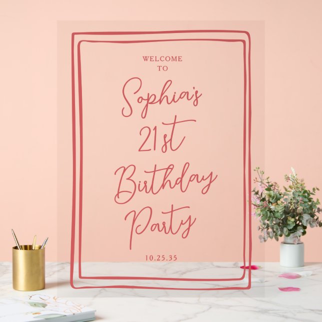 Simple 21st Birthday Hand drawn Script Red Acrylic Sign (Wedding)