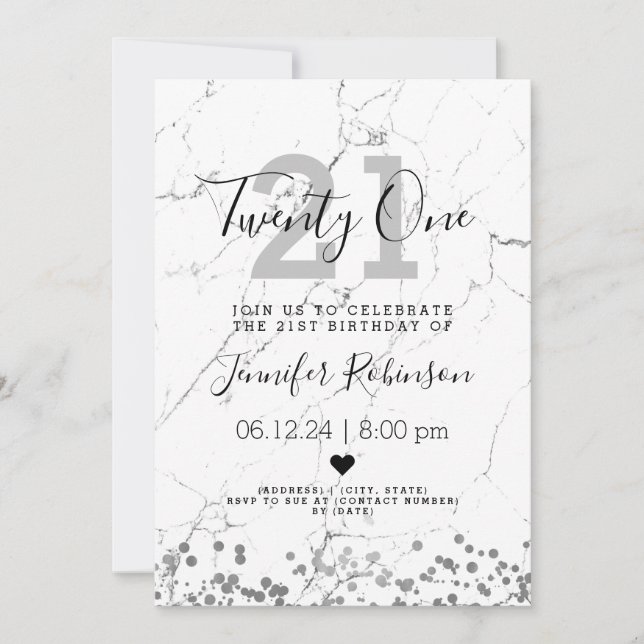 Simple 21st Birthday Party Silver Marble Invitation (Front)