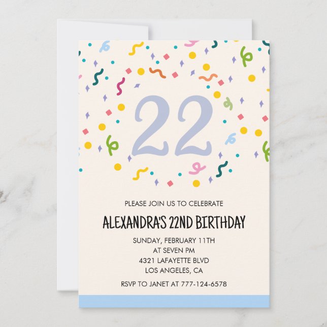 Simple 22nd birthday invitations Confetti Modern (Front)