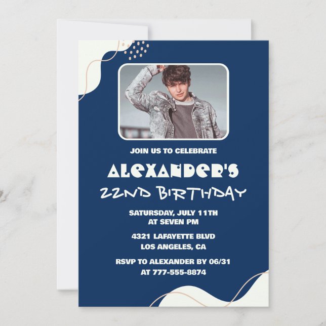 Simple 22nd birthday invitations Men Photo Navy (Front)