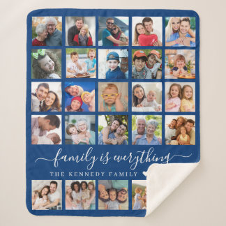 Simple 25 Photo Collage Quote Family Name Blue Sherpa Blanket