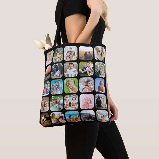 Simple 25 Photo Collage Rounded Corner Black Tote Bag (Close Up)