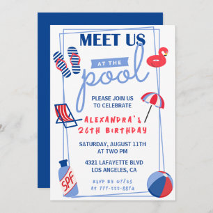 Simple 26th birthday invitations Pool Party Summer