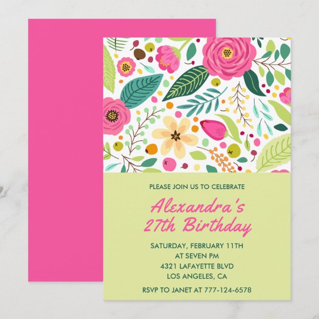 Simple 27th birthday invitations Floral Colorful  (Front/Back)