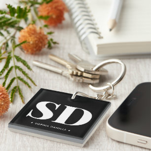 Simple 2 Monogram Initial Retro Black White Keychain