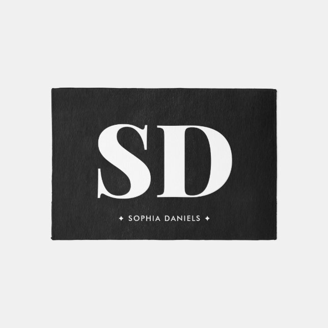 Simple 2 Monogram Initial Retro Black White Outdoor Rug (Front)