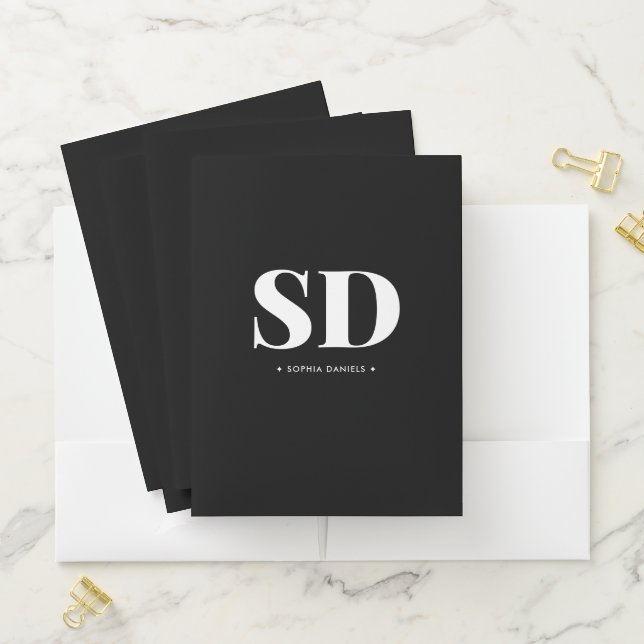 Simple 2 Monogram Initial Retro Black White Pocket Folder (In Situ)